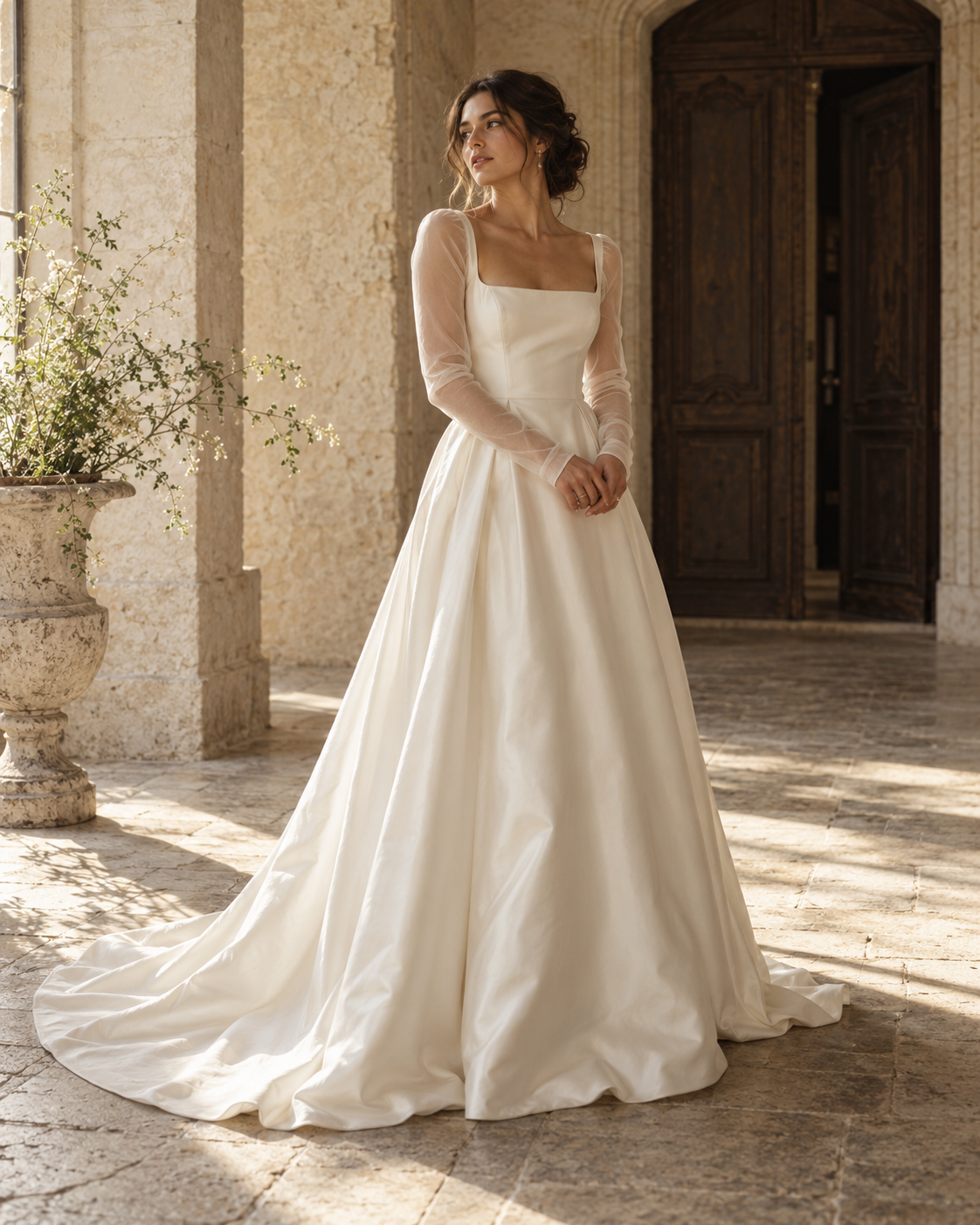 Bridal inspiration: an ivory satin gown in a sunlit atelier