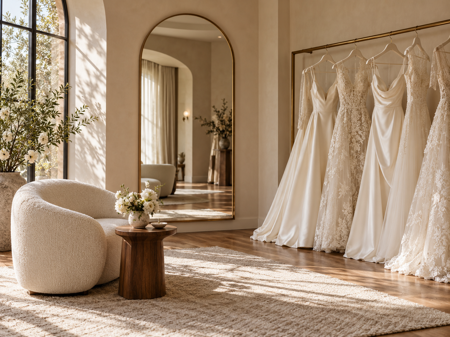 Concept bridal studio with a dress rail, arched mirror and warm natural light